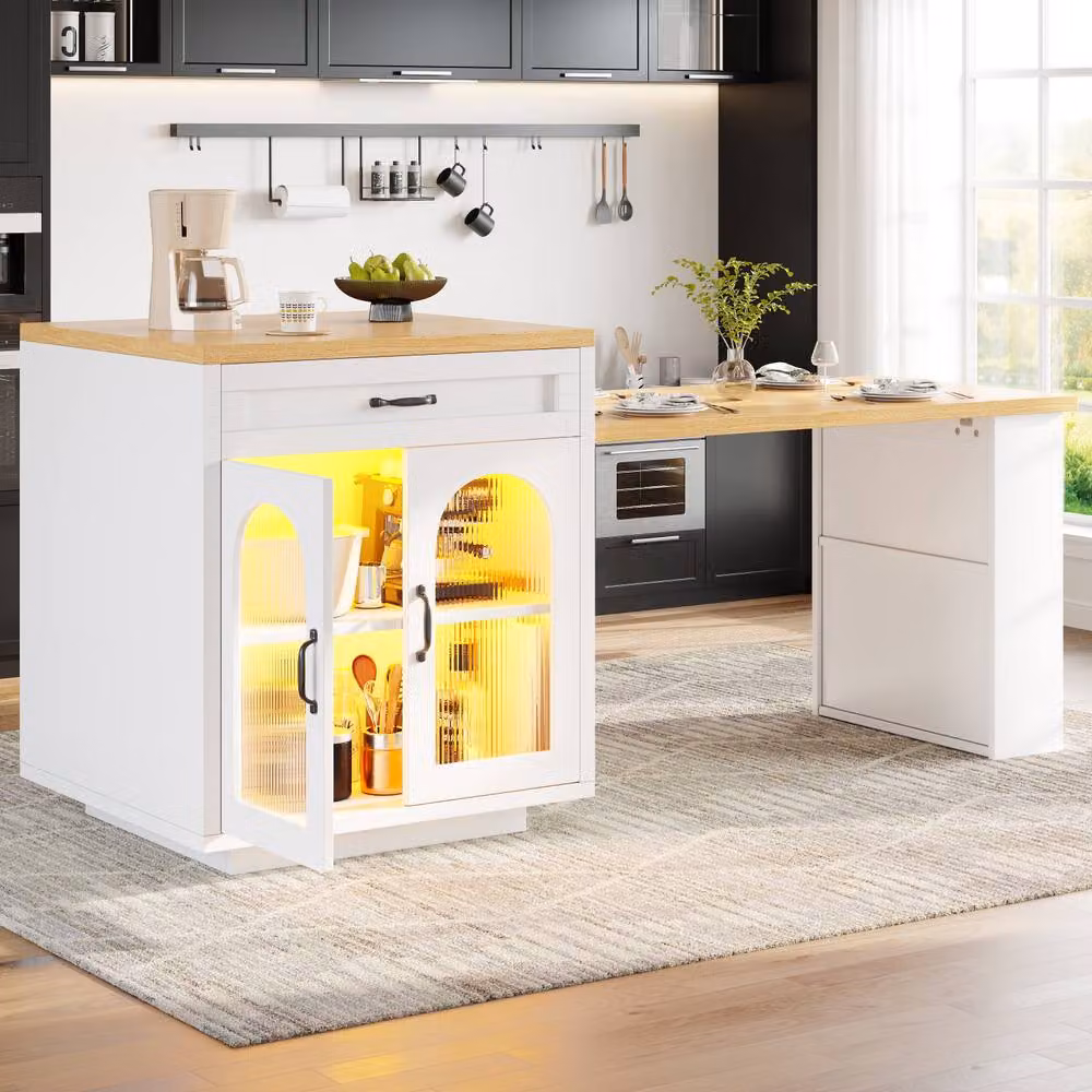 Merax Kitchen Island with LED, Drawers and Extendable Dining Table in White – 3