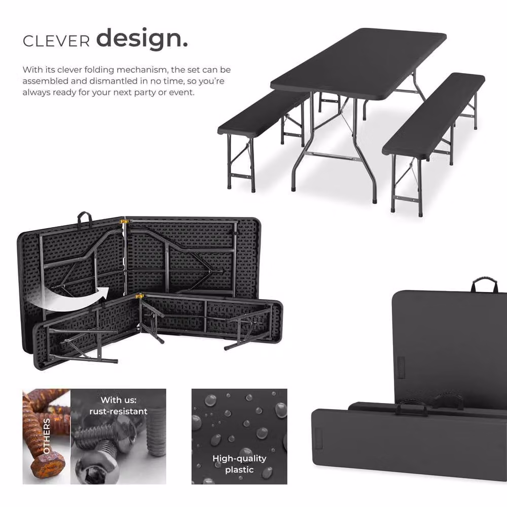 tectake Panja Foldable Camping Table Set in Dark Grey, Weatherproof Rectangular Garden Table for 8 Adults – 3