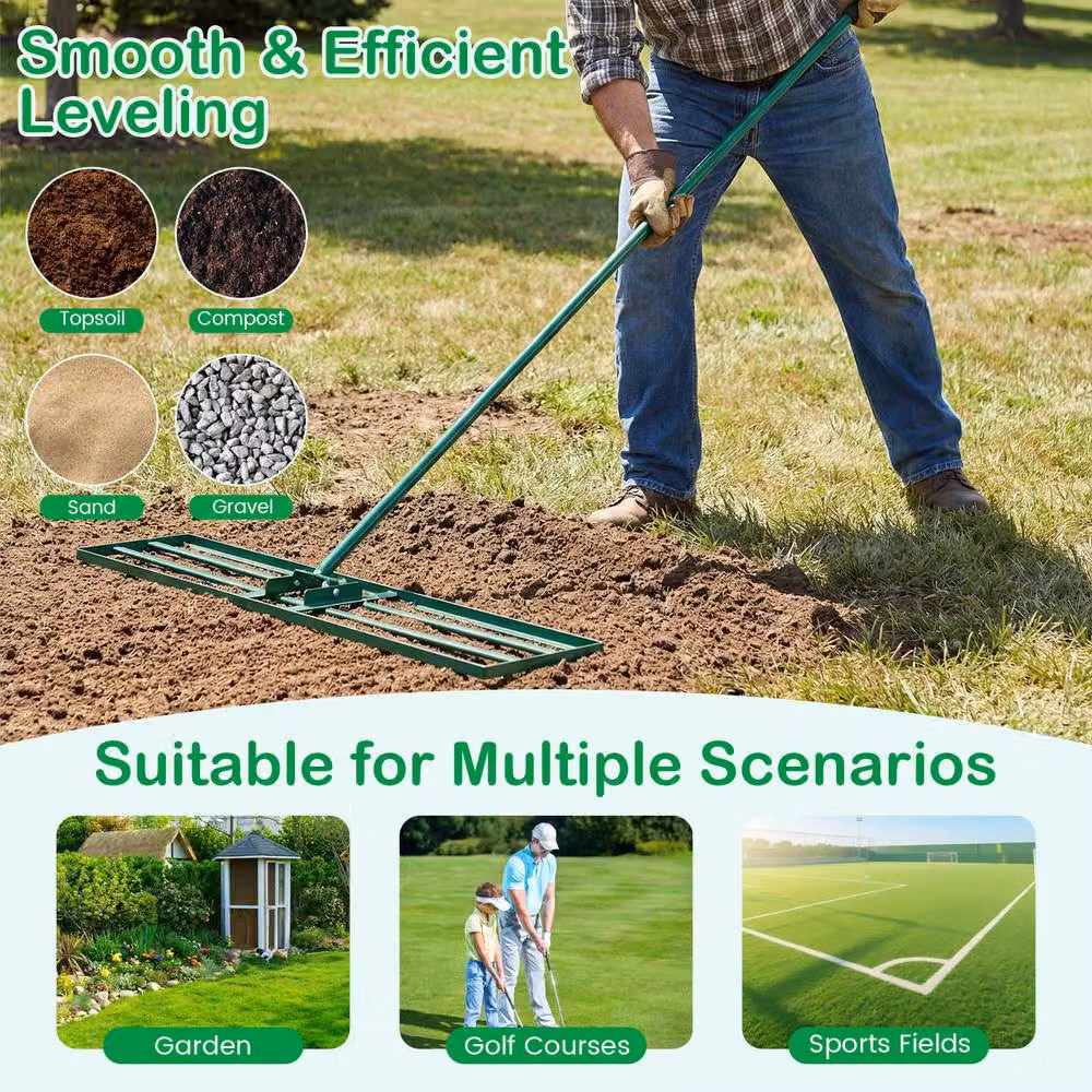 Gymax Metal Lawn Leveling Rake with Adjustable Long Handle in Green – 2