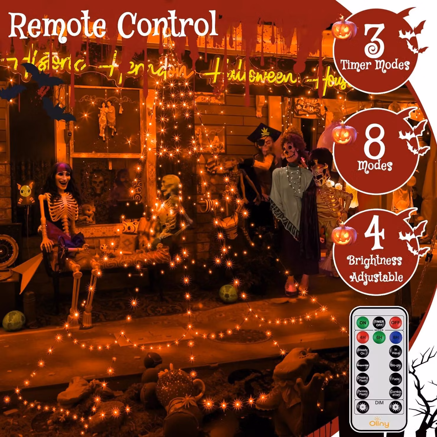 Garwarm Orange Halloween Spider Web LED Lights with 454 LEDs and Remote Control, 5m – 2