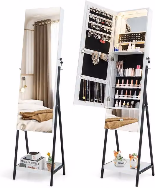 Costway White Jewelry Cabinet Armoire with Full-Length Frameless Mirror, LED Makeup Mirror and Lock