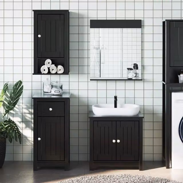 Berkfield Home BERG 3 Piece Black Solid Pine Bathroom Furniture Set with Vanity Unit, Wall Cabinet and Mirror Cabinet