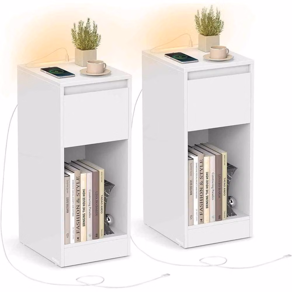 The Bazaarist Set of 2 Slim Bedside Tables with Integrated LED Charging Station in Soft White – 2