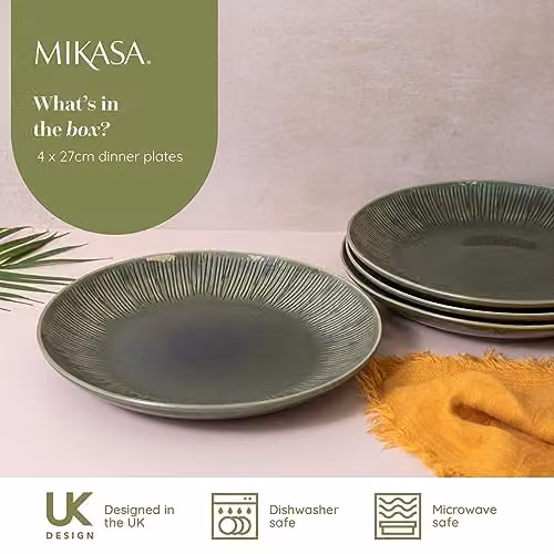 Mikasa Jardin Floral Stoneware Dinner Plate Set, Green, 4 Pieces, Diameter: 27 cm – 4