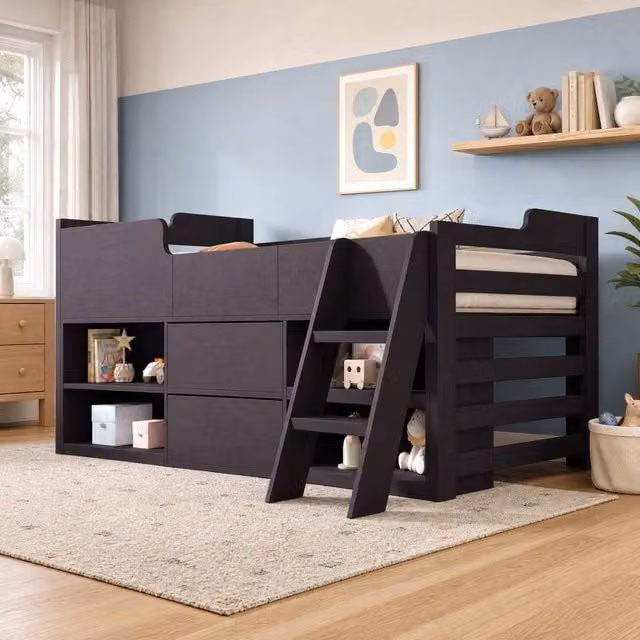 STILVORA Junior Bed Frame with Storage Drawers and Stairs in Taupe/Beige, W: 90 cm, D: 190 cm – 1