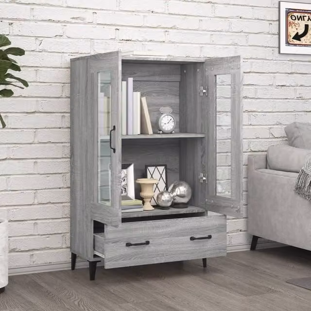 Berkfield Home Grey Sonoma Highboard with Glass Doors and Drawers, W/D/H: 70 x 31 x 115 cm
