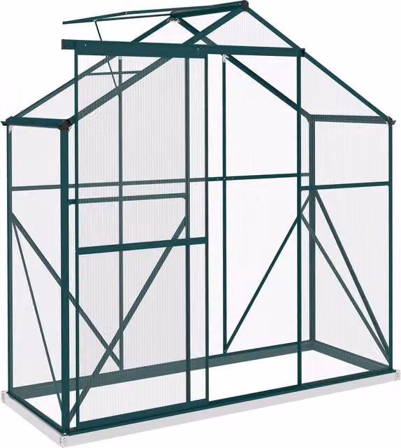OUTSUNNY Aluminium Polycarbonate Greenhouse in Green with Sliding Windows and Rain Gutters, W/D/H: 183 x 76 x 213 cm