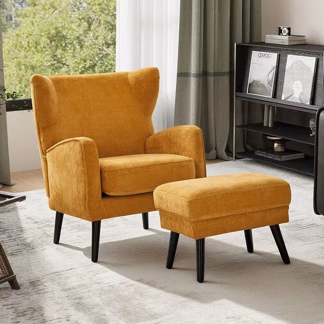 Livingandhome Yellow Chenille Armchair with Ottoman