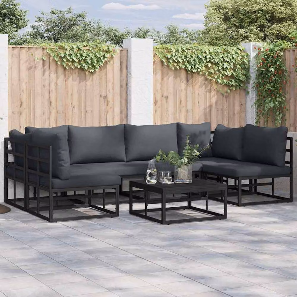 Berkfield Home 6 Piece L-Shape Garden Sofa Set with Cushions and Scatter Pillows in Black Powder Coated Aluminium and Grey Fabric – 2