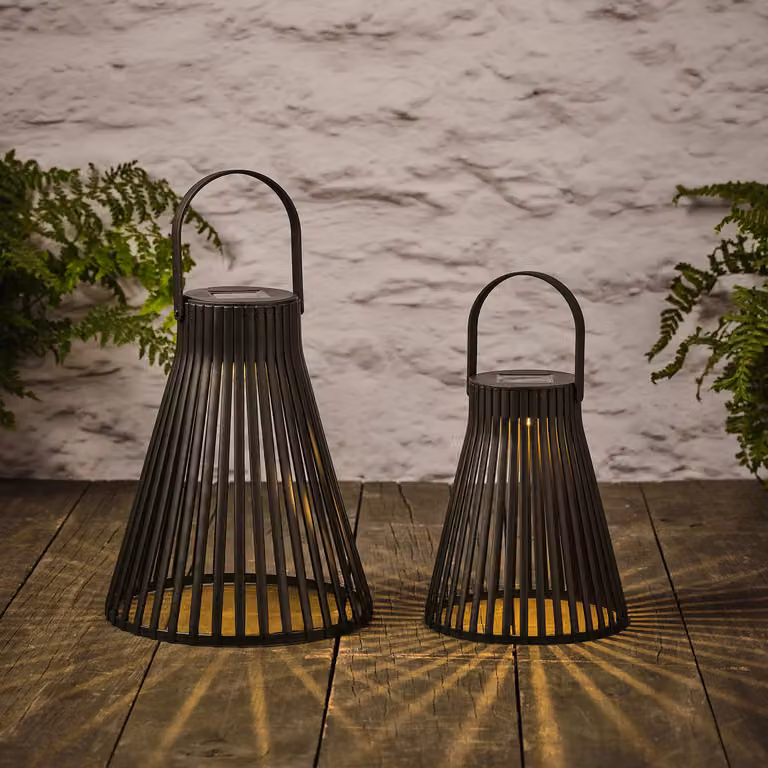 Lights4fun Set of 2 Black Slatted Outdoor Garden Solar Powered Decorative Lanterns with Warm White LED IP44 Waterproof