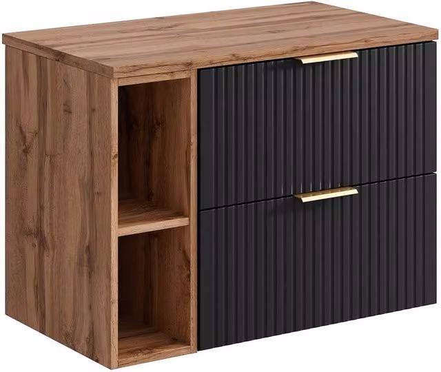 Vente-unique Striped Wall-Hung Vanity Unit with Niches in Black and Light Natural Matt
