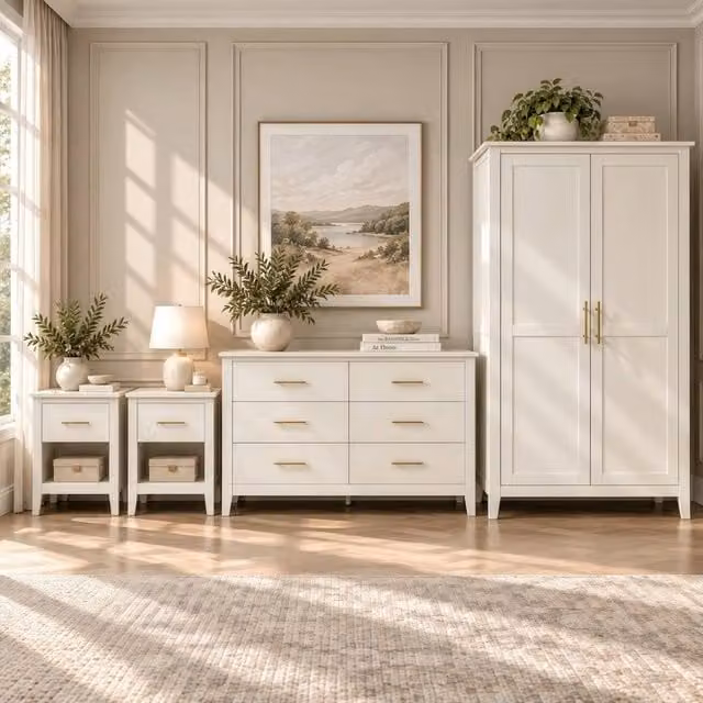 Merax Modern Bedroom Furniture Set with Wardrobe, Chest of Drawers and Nightstands in Beige and White