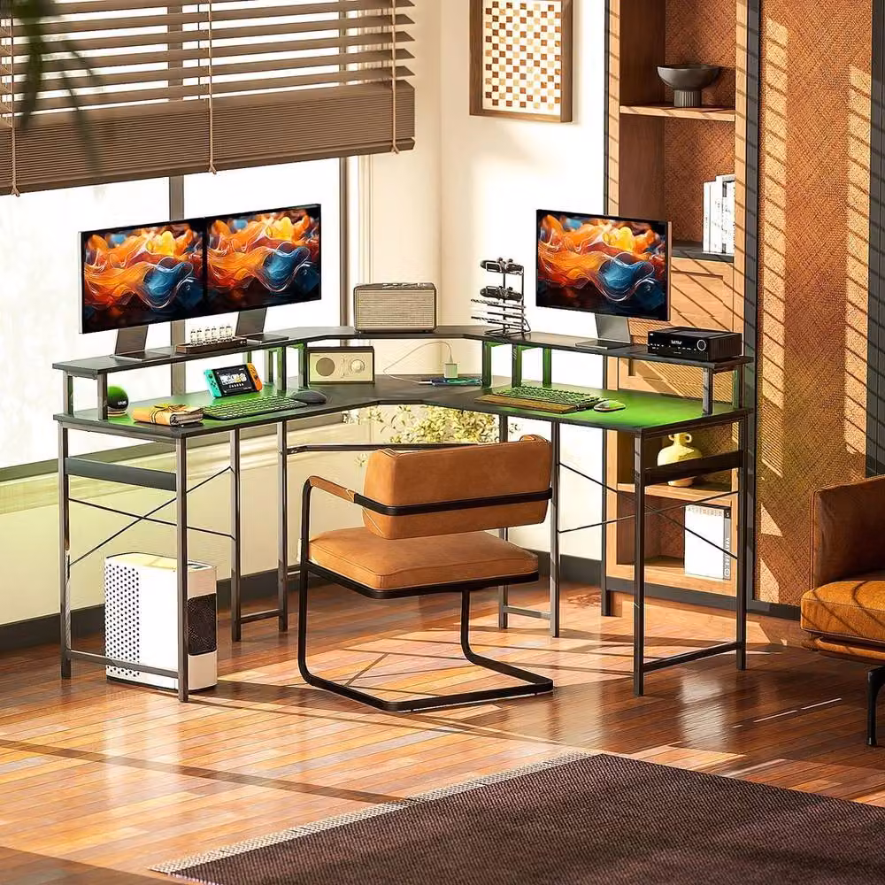 FORGEVIO L-Shaped Corner Computer Desk with Monitor Stand in Black – 4