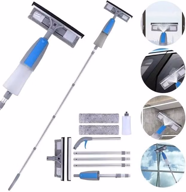 EONLION 3-in-1 Double-Sided Spray Window Cleaner and Squeegee with Microfibre Head, Grey, Length: 100 cm