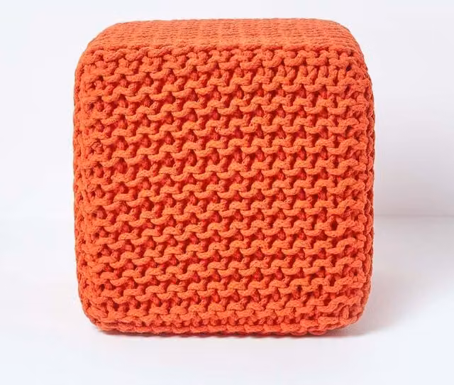 Homescapes Cube Cotton Knitted Pouffe Footstool in Burnt Orange