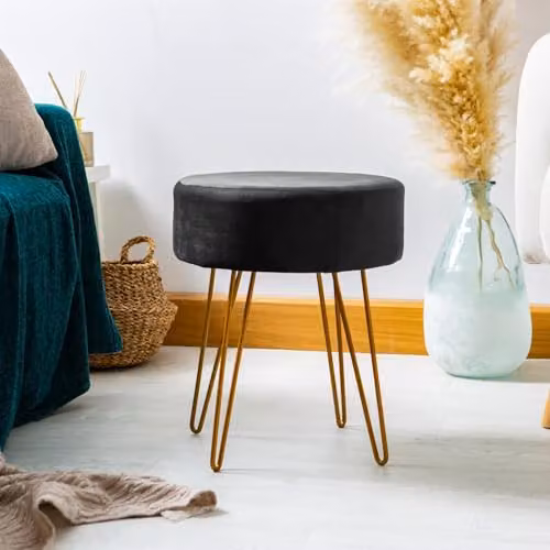 Harbour Housewares Modern Cylindrical Velvet Footstool in Black with Gold Metal Legs, H41 x D45 cm – 2
