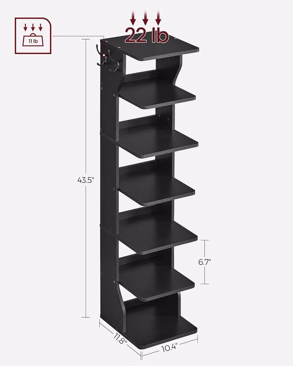 London Boutique Slim Wooden Shoe Rack with Hooks in Black, W/D/H: 26.5 x 10.0 x 110.0 cm – 2