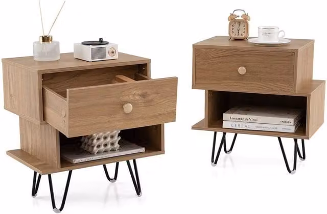 VOGREX Natural Mid Century 2-Pack Wood and Metal Drawer Nightstands in Brown
