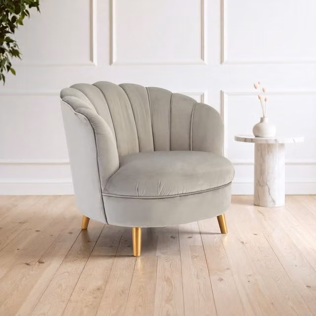 Orsina Grey Velvet Scalloped Armchair with Gold Legs