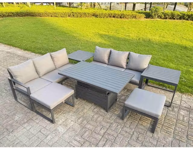 Fimous 7-Piece Powder Coated Aluminium Garden Sofa Set with Lifting Table, 2 Side Tables and Cushions in Dark Grey – 1