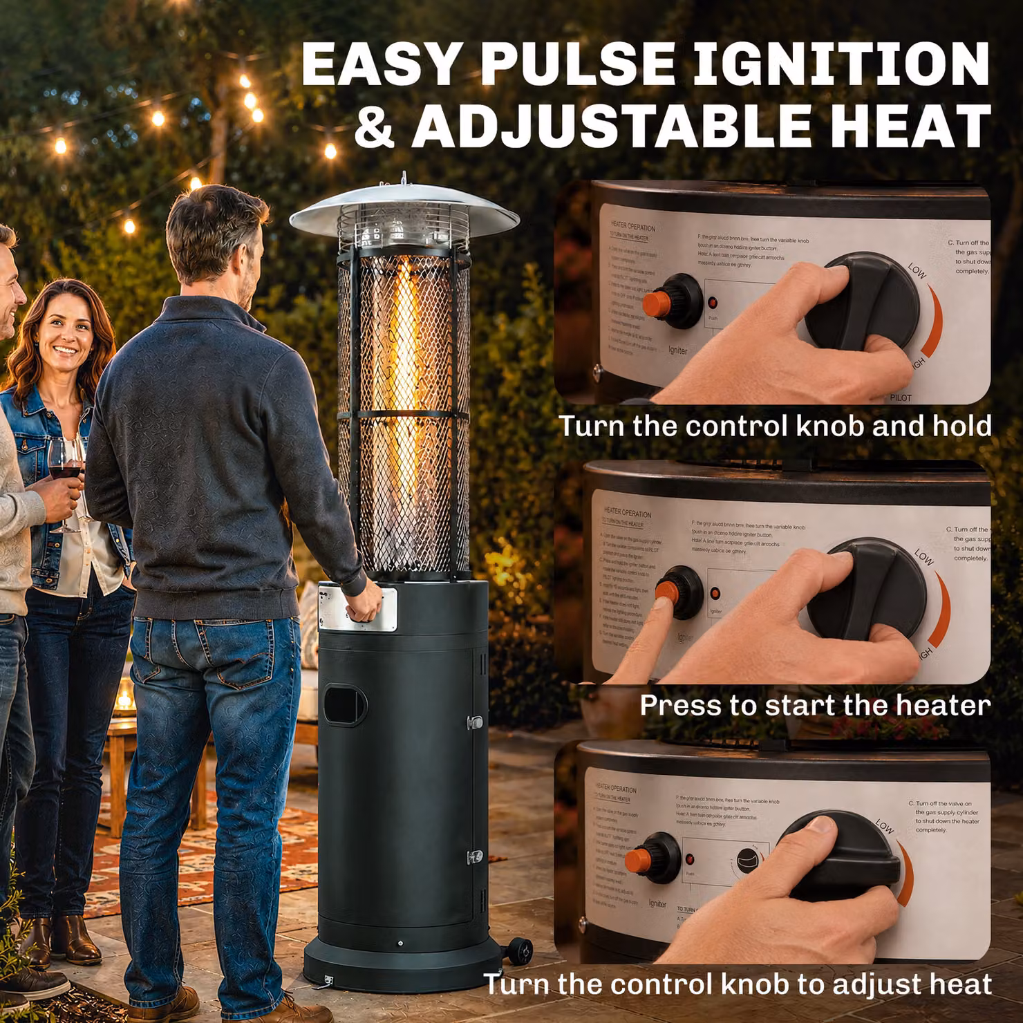 Outsunny 11 kW Freestanding Gas Patio Heater in Black with Adjustable Height, Pulse Ignition and Tip-Over Switch – 5