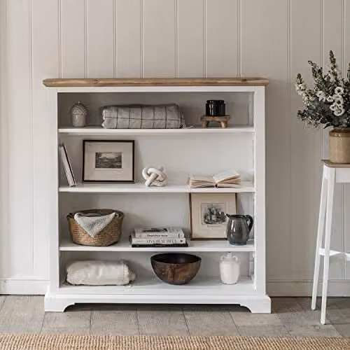 Statement Furniture Florence Bookcase with Limed Acacia Top and Adjustable Shelves, White, W: 120 cm, H: 124 cm, D: 33 cm – 1