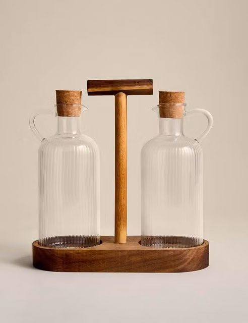 M&S Set of 2 Transparent Striped Glass Oil Pourers with Stopper and Caddy
