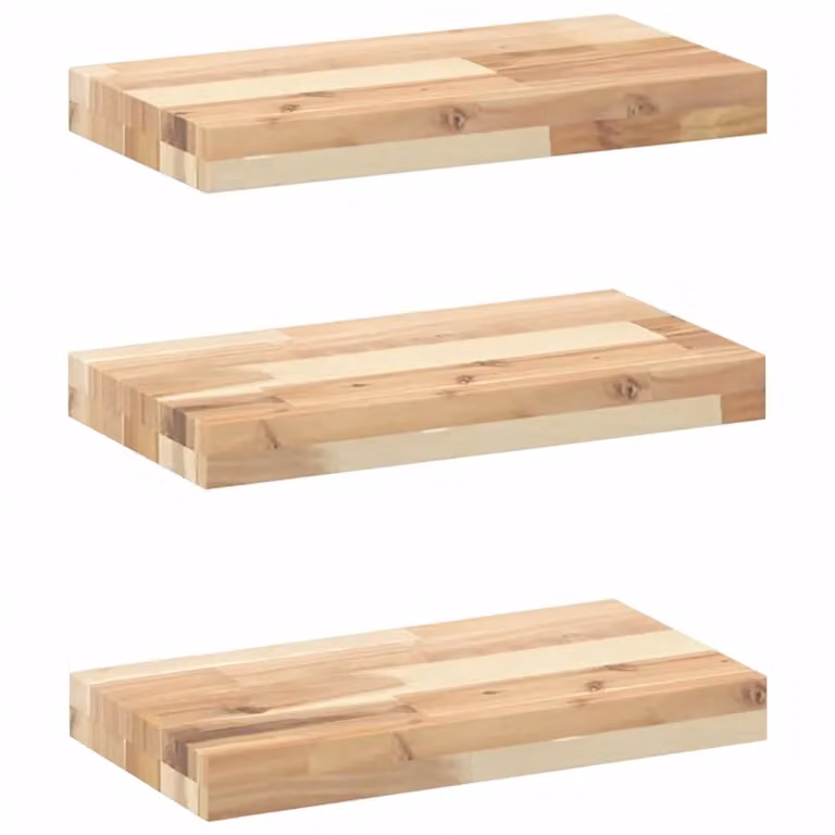 Berkfield Home Set of 3 Floating Shelves in Brown Untreated Solid Acacia Wood, W: 60 cm, D: 20 cm, H: 4 cm