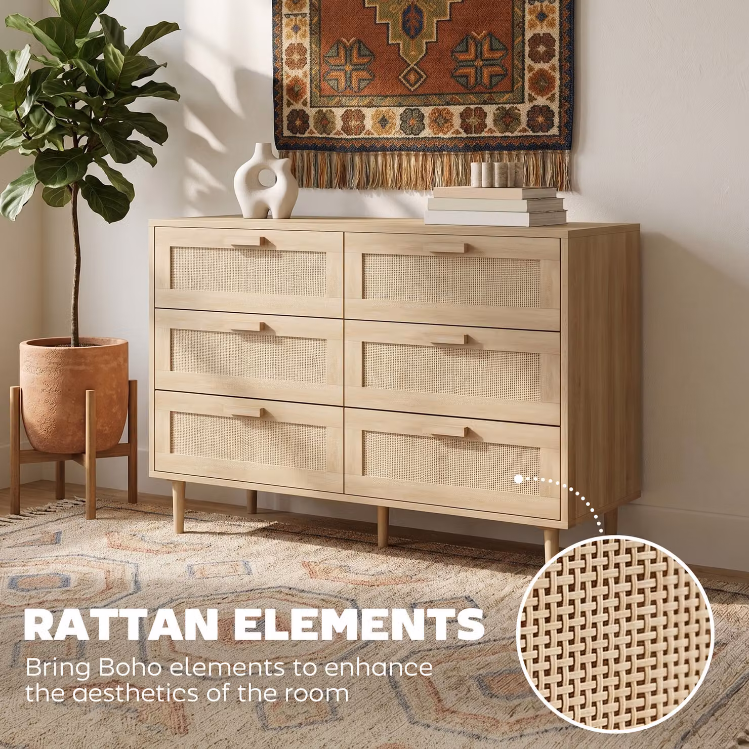 HOMCOM 6-Drawer Tall Chest of Drawers with Rattan Elements in Oak and Beige – 3