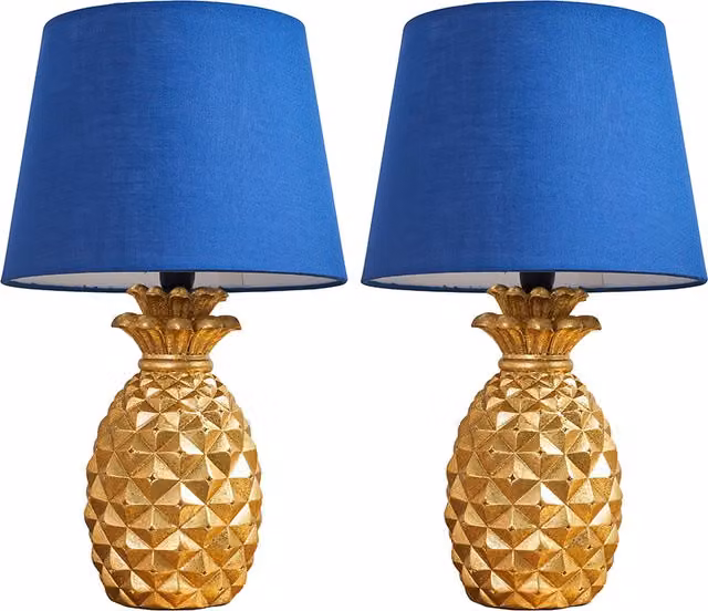 ValueLights Set of 2 Pineapple Novelty Ceramic Table Lamps in Blue and Gold/Brass