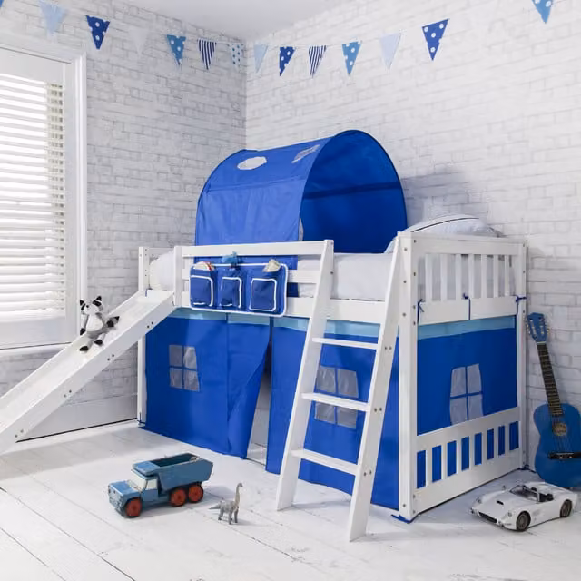Noa and Nani Tuva Low Cabin Bed with Bunk and Slide in White and Blue Solid Pine Wood