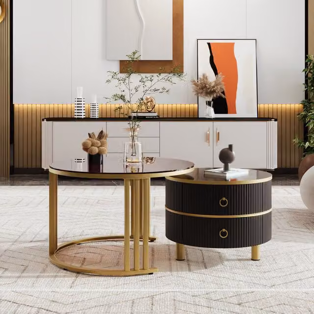 Aosom.UK 2-in-1 Round Coffee Table Set with High-Gloss and Tempered Glass Tops and 2 Drawers, Brown and Black, W/D/H: 70 x 70 x 45 cm and 50 x 50 x 40 cm – 1