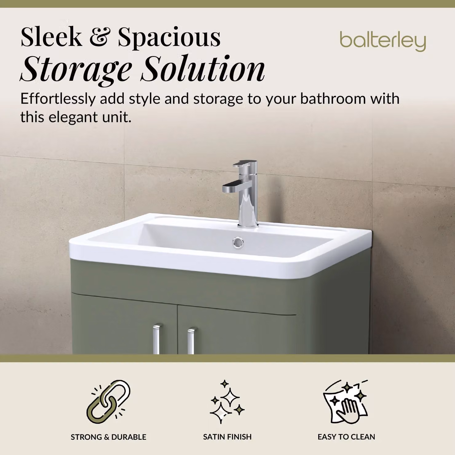 Balterley Contemporary 2 Door Floor Standing Bathroom Vanity Unit, Green, W: 61.0 cm – 2