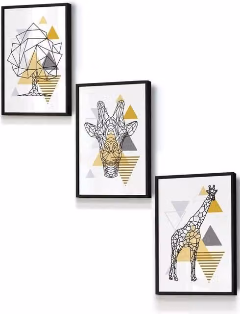 ARTZE Geometric Line Art Yellow Giraffe Tree Set Framed Wall Art in Black, Yellow and Grey, W: 33 cm, H: 45 cm, D: 2 cm
