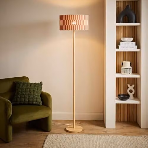 ValueLights Heather Wood Floor Lamp with Orange Checkerboard Bamboo Shade and Bulb, H 180 x W 30 x D 30 cm