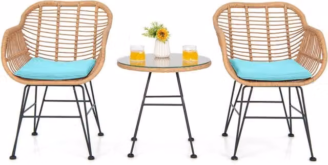 Costway 3 Piece Modern Blue Rattan Outdoor Patio Table and Chair Set with Glass Top