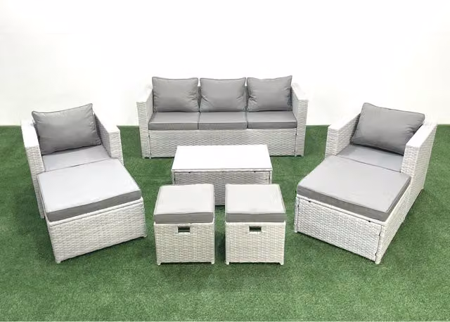 Fimous 8-Piece Rattan Garden Furniture Set in Grey with Upholstered Cushions and Powder Coated Steel Frame