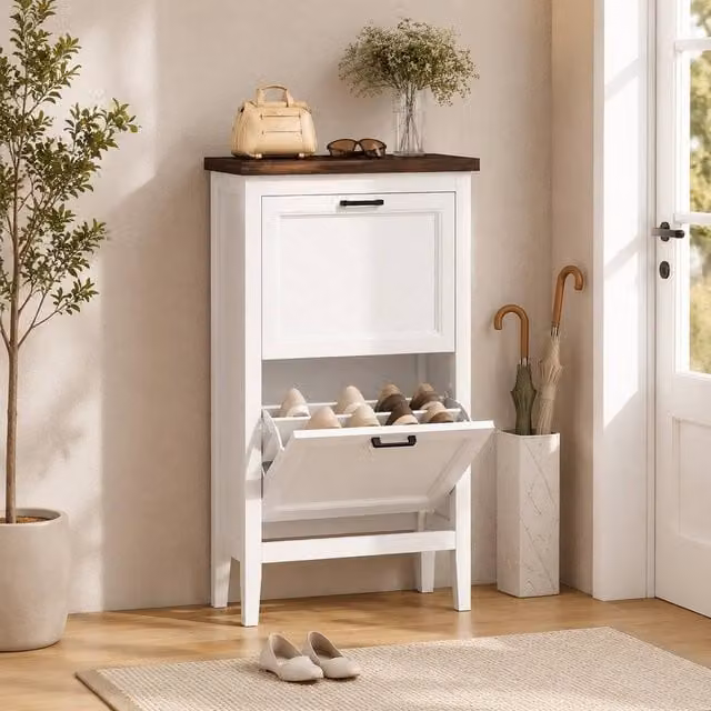 STILVORA Modern White Lacquered Shoe Cabinet with Tilting Compartments and Internal Shelves