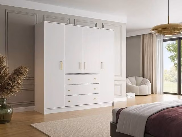 Vente-unique Lizandro Wardrobe with 4 Doors and 3 Drawers in White and Gold, W: 196 cm, D: 58 cm, H: 200 cm – 1