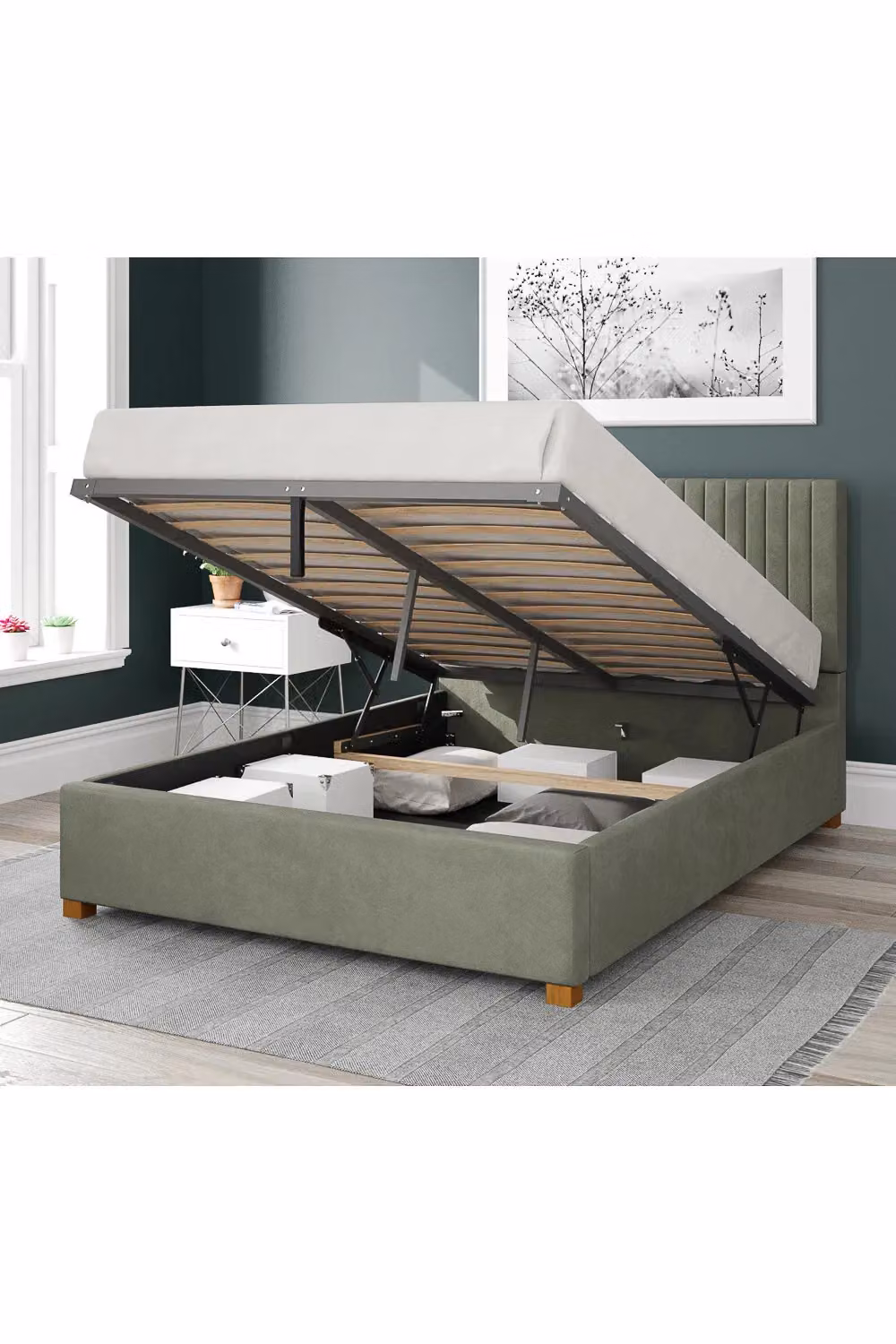 Aspire Grant Upholstered Ottoman Storage Bed in Blue Velvet Fabric, W/D/H: 180 x 160 x 35 cm – 2