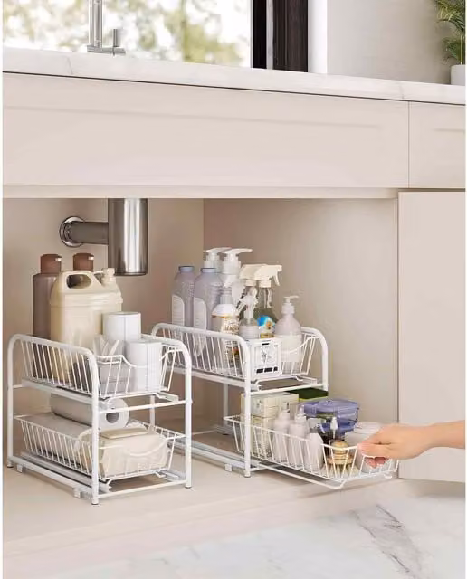 The Bazaarist 2 Tier Under Sink Storage Organiser with Sliding Metal Drawers, Matte White