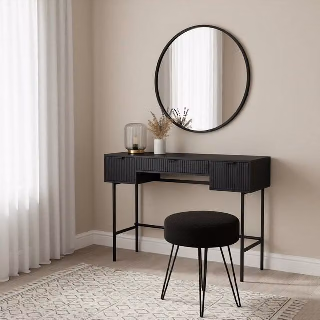 OHS Ribbed Dressing Table Vanity Makeup Desk with 3 Drawers in Black, W: 110 cm, D: 35 cm, H: 75 cm – 1