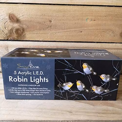 Snowtime Set of 5 Acrylic Robin Christmas Lights with 30 Ice White LEDs and Clip-On Feature – 5