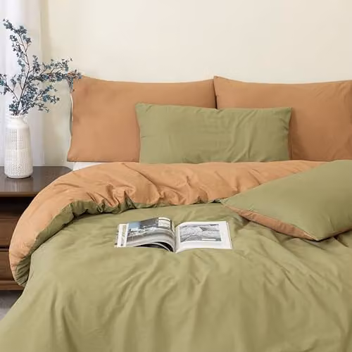 MHG Living Reversible Green 100% Cotton Percale Duvet Cover and Pillowcase Set, W/D/H: 200 x 200 cm, Pillowcase: 48 x 74 cm