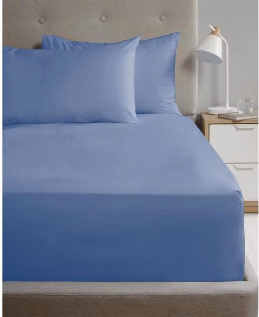 HomeSpace Direct 180 Thread Count Polycotton Percale Flat Sheet, Blue, W: 180 cm, L: 200 cm