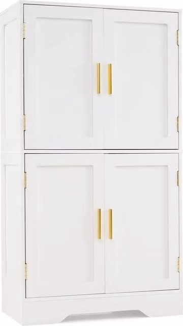 VOGREX White Freestanding Tall Pantry Storage Cabinet with Hinged Doors and Internal Shelves