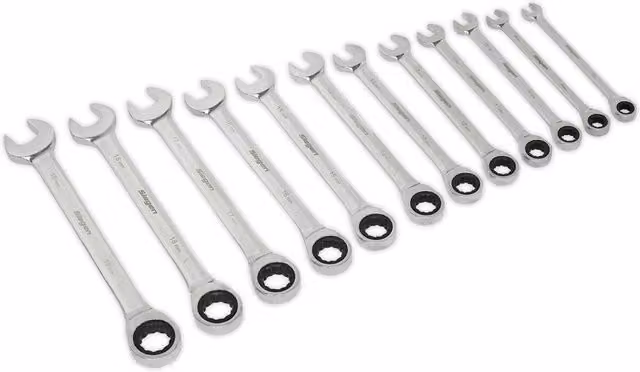 Loops 12-Piece Slim Handle Ratchet Combination Spanner Set, 12-Point Metric Ring Open Head, Silver and Multicolour – 1