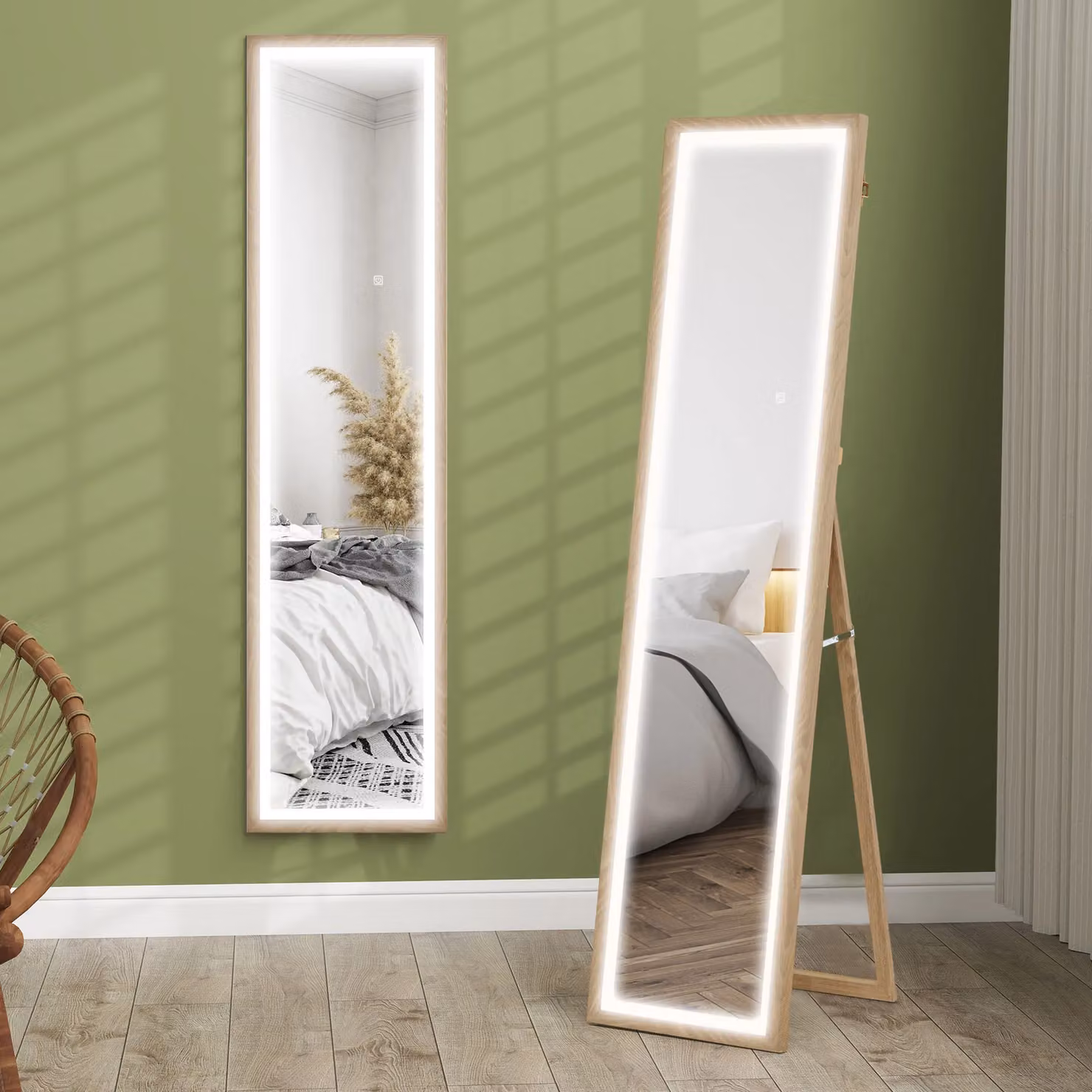 HOMCOM Dimmable Full Length Mirror with LED Lights, Light Oak, H 160 x W 40 cm – 2