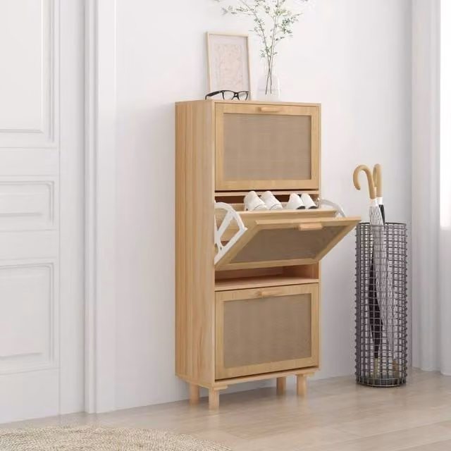 Berkfield Home Brown Shoe Cabinet with Natural Rattan and Engineered Wood, W/D/H: 52 x 25 x 115 cm