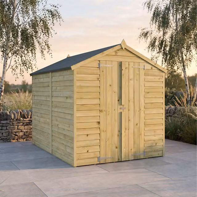 Waltons Brown Overlap Apex Garden Shed with Double Doors and Gable Roof, W: 243.84 cm, D: 182.88 cm